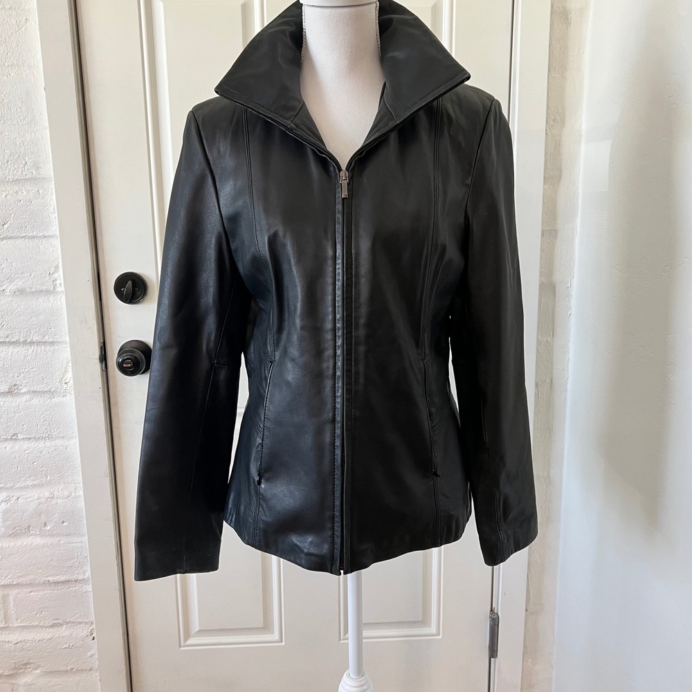 Nine West Womens Black 100% Leather Zip Up Jacket Stand Collar Size M